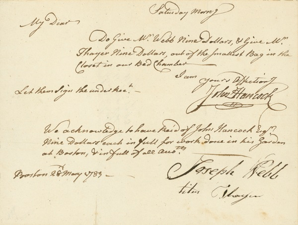Lot 333 John Hancock: BOSTON GARDEN: HANCOCK asks his wife to pay the garden “help”