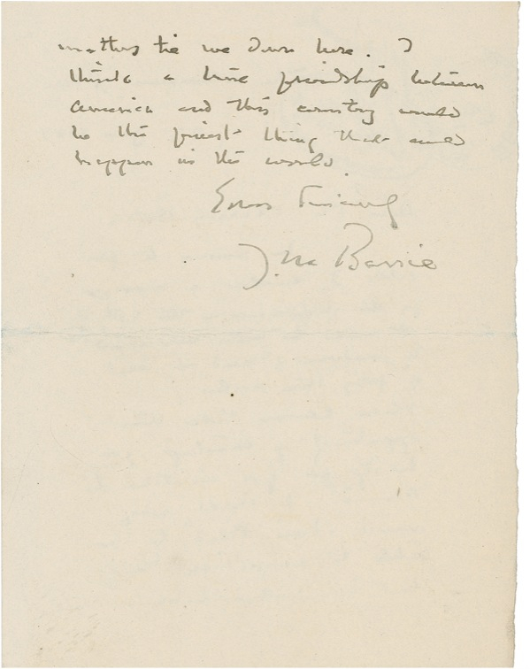 Lot 590 J. M. Barrie: ?THE FINEST THING THAT WOULD HAPPEN IN THE WORLD?: BARRIE writes to a future Nobel laureate on Anglo-American relations