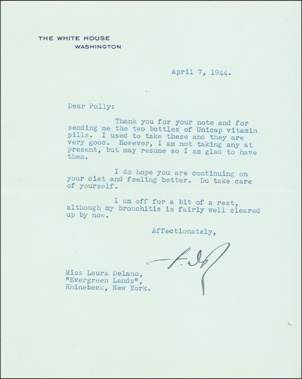 Lot 197 Franklin D. Roosevelt: ?OFF FOR A BIT OF REST?: An ailing FDR gratefully accepts a gift of vitamin pills from his cousin