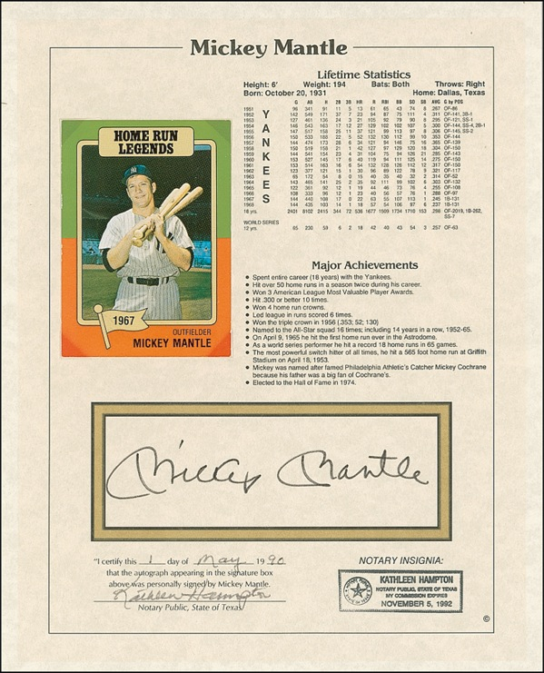 Lot 1560 Mickey Mantle Stat Sheet