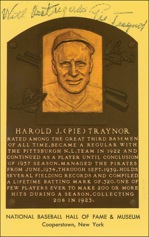 Lot 1350 Baseball Hall of Fame Plaque: Pie Traynor Hall Of Fame Card