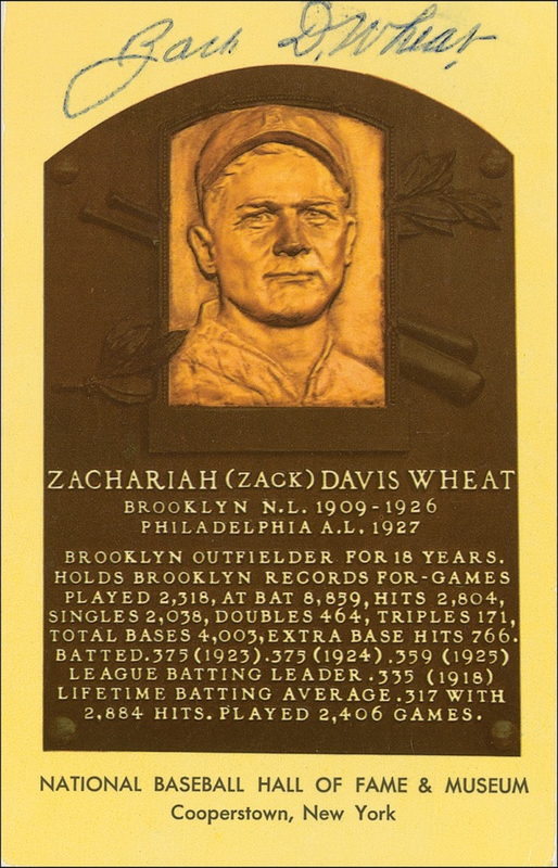 Lot 1352 Baseball Hall of Fame Plaque: Zack Wheat Hall Of Fame Card
