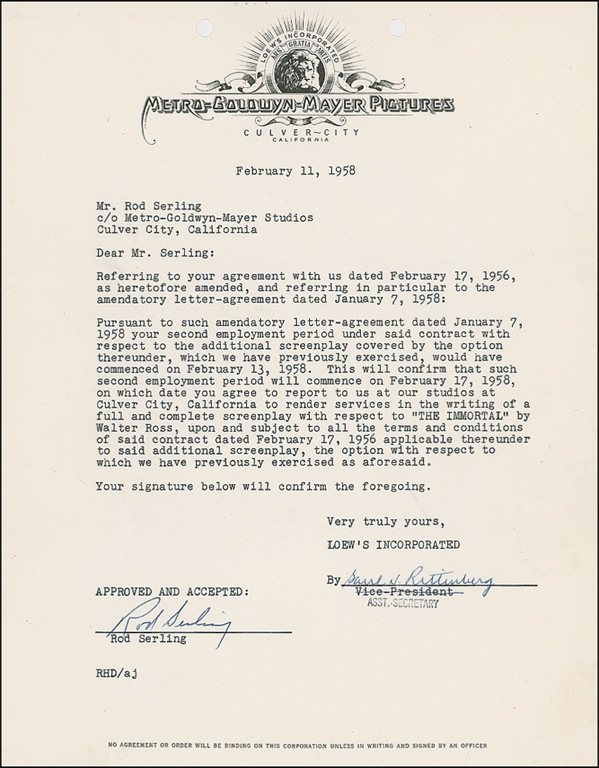 Lot 1218 Rod Serling Signed Document