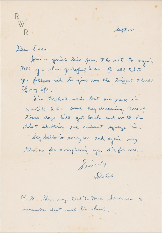 Lot 183 Ronald Reagan: “Dutch” writes from the set