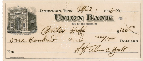 Lot 524 Sgt. Alvin C. York Check