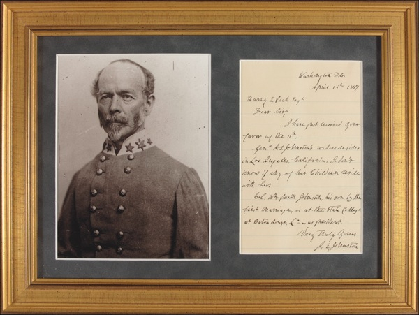 Lot 491 Joseph E. Johnston: “Genl. A. S. Johnston’s widow resides in Los Angeles, California”