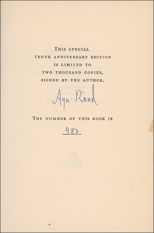 Lot 639 Ayn Rand: THE WORLD ON HER SHOULDERS: Rand signs a limited edition of Atlas Shrugged