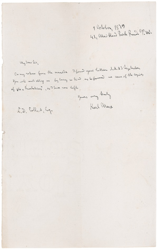 Lot 375 Karl Marx: MARX OF DISTINCTION: The influential writer-philosopher requests copies of his “Revelations of the Diplomatic History of the 18th Century”