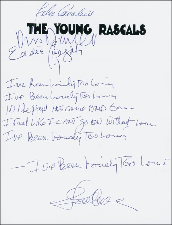 Lot 945 The Young Rascals Handwritten Lyrics