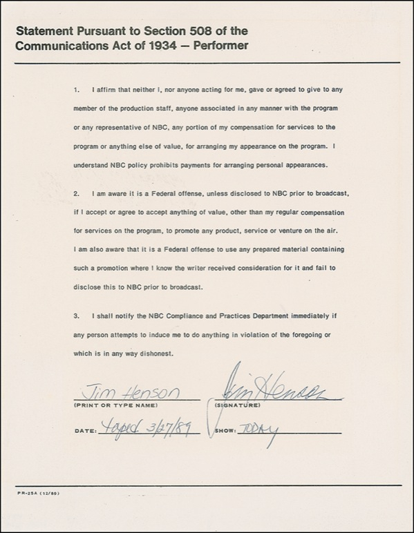 Lot 1086 Jim Henson Signed Document