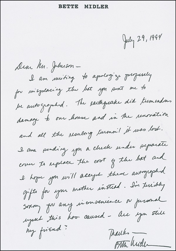 Lot 853 Bette Midler Handwritten Letter Signed