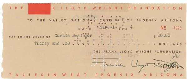 Lot 671 Frank Lloyd Wright: To a member of the Taliesin Fellowship