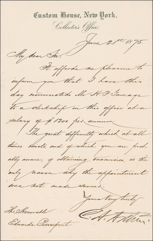 Lot 7 Chester A. Arthur Signed Letter