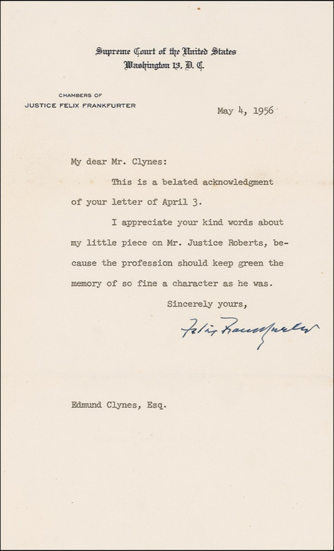 Lot 425 Supreme Court: Felix Frankfurter: “My little piece on Mr. Justice Roberts”