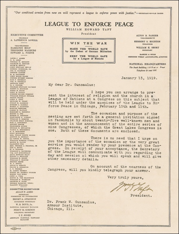 Lot 216 William H. Taft: Seeking a religious viewpoint on the League of Nations