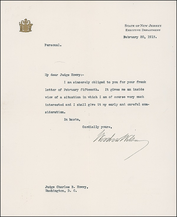 Lot 242 Woodrow Wilson Typed Letter Signed