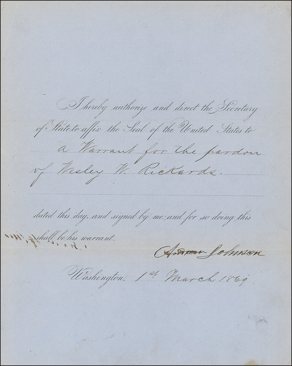 Lot 134 Andrew Johnson: Approving a pardon