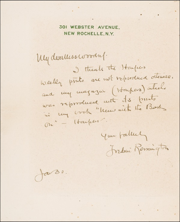 Lot 640 Frederic Remington: “My magazine (Harpers) article was reproduced with its prints in my book Men With The Bark On.”