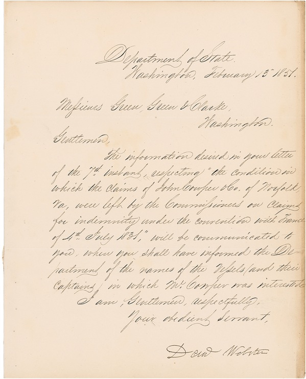 Lot 459 Daniel Webster Signed Letter