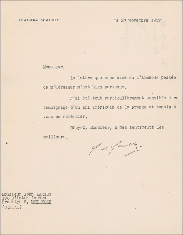Lot 288 Charles de Gaulle Typed Letter Signed