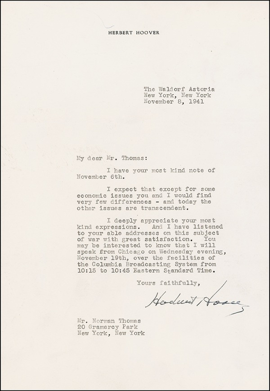 Lot 123 Herbert Hoover: Writing to prominent Socialist Norman Thomas on ?this subject of war?