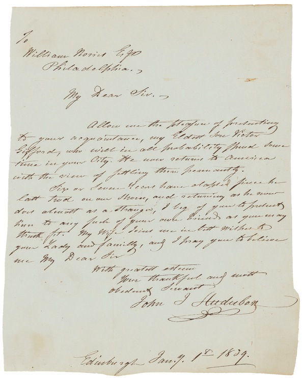 Lot 589 John J. Audubon: BACK IN THE U.S.A.: As THE BIRDS OF AMERICA is finally published, AUDUBON seeks to ease his son’s return to the United States