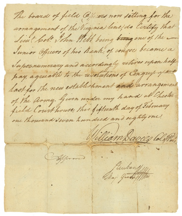 Lot 519 Friedrich von Steuben: Approving a retired officer’s pension