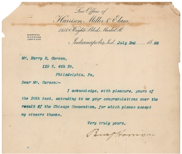 Lot 108 Benjamin Harrison: As newly minted presidential candidate