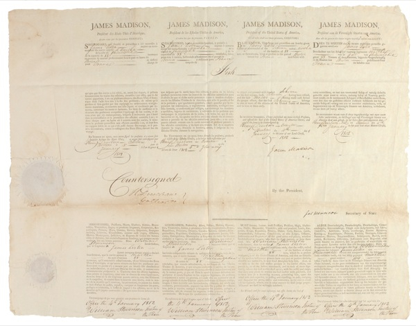 Lot 149 James Madison and James Monroe: Signing a ship’s papers months before the outbreak of the War of 1812