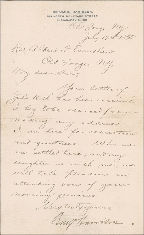 Lot 107 Benjamin Harrison: Speechless: ?I am here for recreation and quietness?