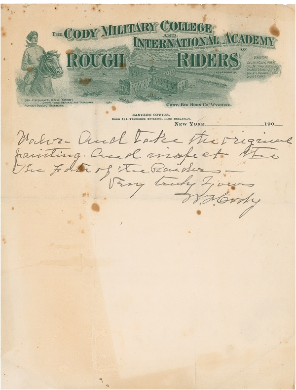 Lot 278 William F. ?Buffalo Bill? Cody: ?I SAID I WOULD PURCHASE THE PICTURE?: CODY agrees to buy an historical painting by Deeds of Valor artist Irving Bacon