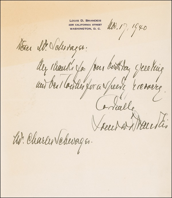 Lot 423 Supreme Court: Louis Brandeis Handwritten Letter Signed