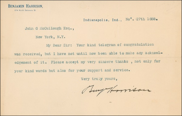 Lot 109 Benjamin Harrison: Writing as President-elect