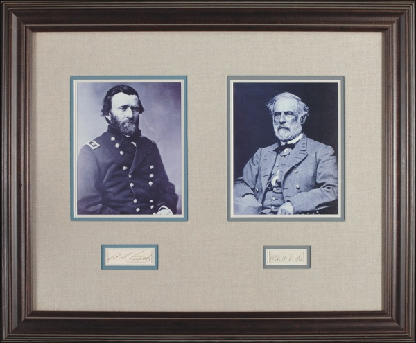 Lot 496 Robert E. Lee and U. S. Grant: HEAD TO HEAD: Framed Civil War display with the scarce full signature of ROBERT E. LEE