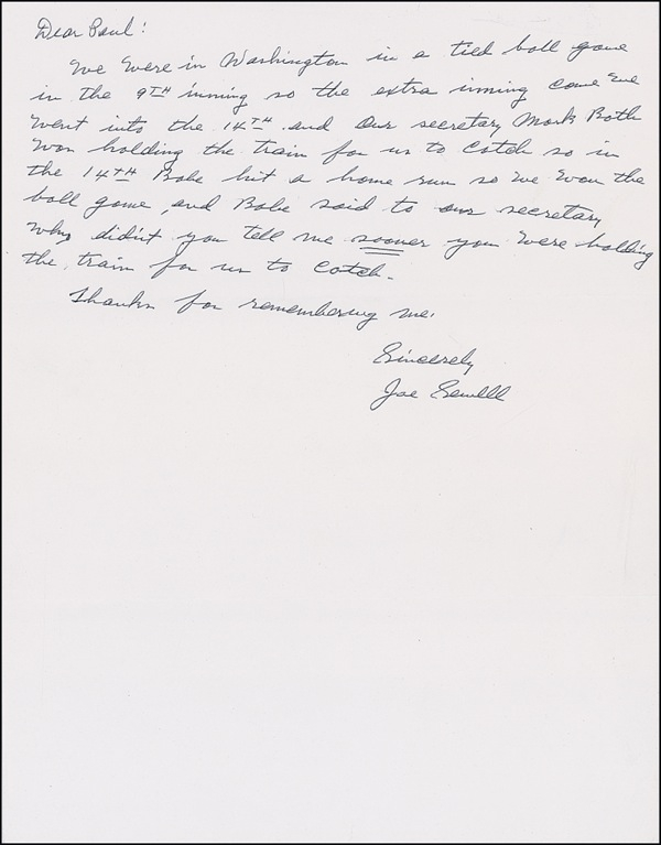Lot 1676 Joe Sewell Handwritten Letter Signed