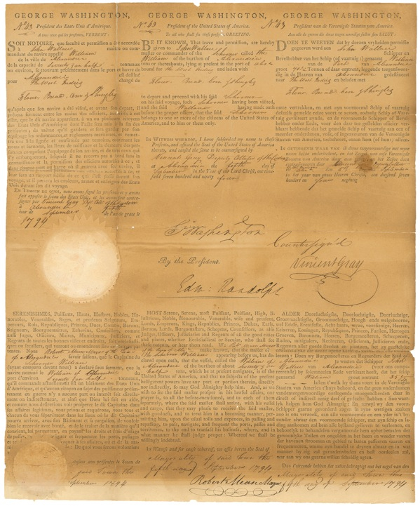 Lot 237 George Washington: ?MOST ... NOBLE , HONOURABLE, VENERABLE ... EMPERORS, KINGS, REPUBLICS?: WASHINGTON signs papers for a ship bound for the West Indies