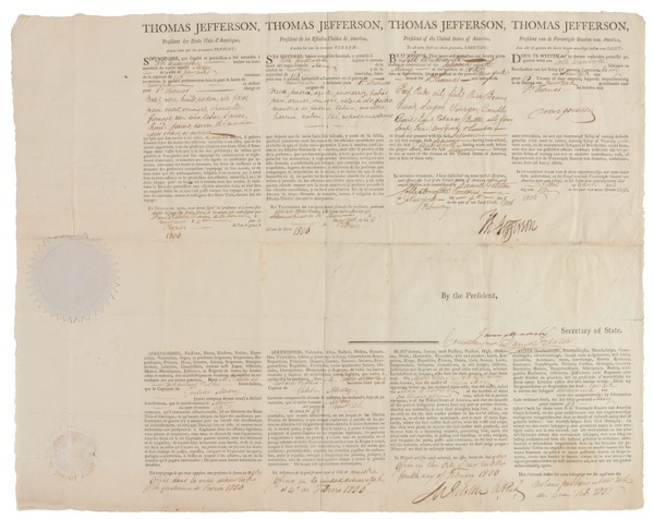 Lot 129 Thomas Jefferson and James Madison: VIRGIN TERRITORY: JEFFERSON and MADISON sign papers for a ship bound for St. Thomas
