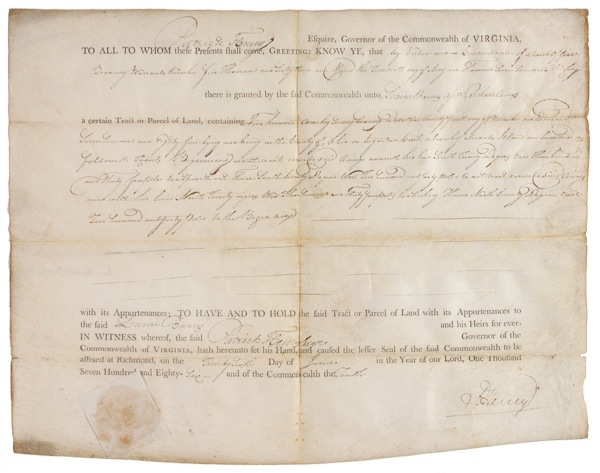 Lot 336 Patrick Henry: Signing a 1786 Virginia land grant