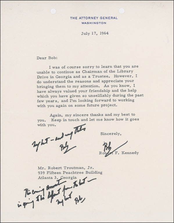 Lot 356 Robert F. Kennedy: To a resigning JFK Library trustee: “I have always valued ... the help which you have given so unselfishly during the past few years”