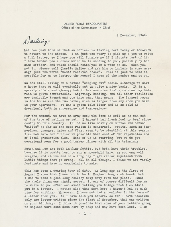 Lot 61 Dwight D. Eisenhower: IKE writes to Mamie on conditions in North Africa: ?This has been a wearing tour of duty?