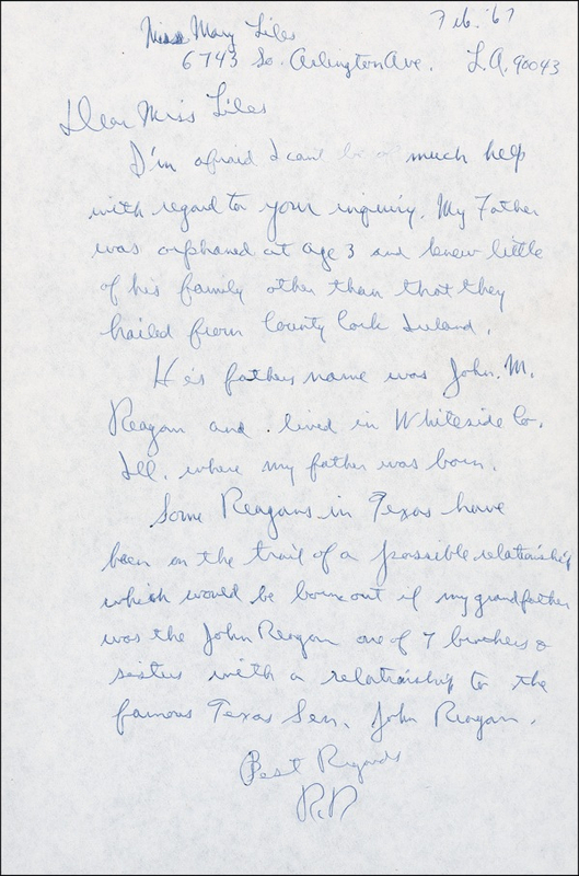 Lot 188 Ronald Reagan: “My father was orphaned at age 3 and knew little of his family other than that they hailed from County Cork, Ireland”
