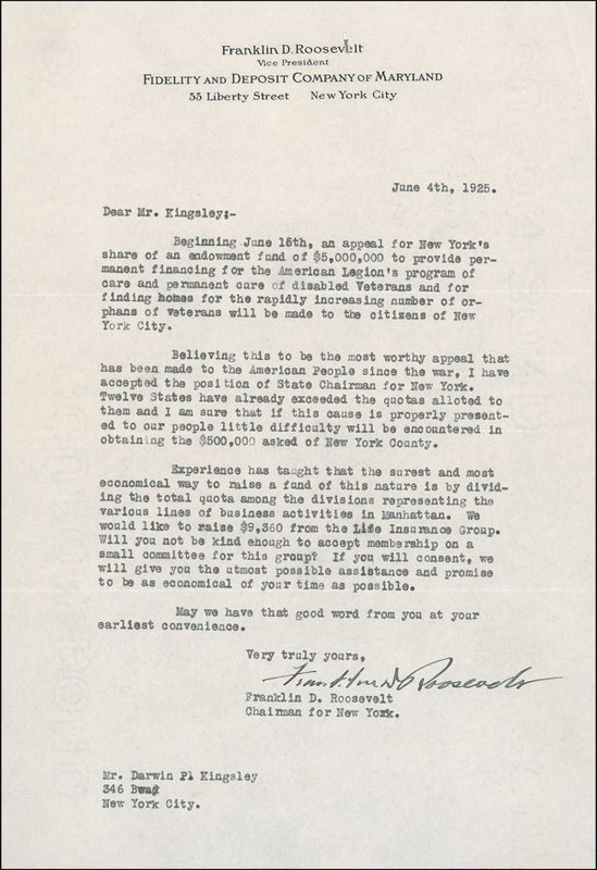 Lot 198 Franklin D. Roosevelt: Roosevelt raises funds for veterans: ?the most worthy appeal that has been made to the American People since the war.?