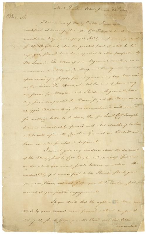 Lot 238 George Washington directs the procurement of much-needed supplies and encourages inoculation against the “danger of taking small pox upon the road”