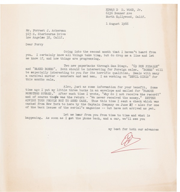 Lot 1294 Ed Wood: MONSTERS, MAD MEN, AND DEVIL GIRLS: Legendary schlockmeister ED WOOD writes to science fiction pioneer Forrest J. Ackerman