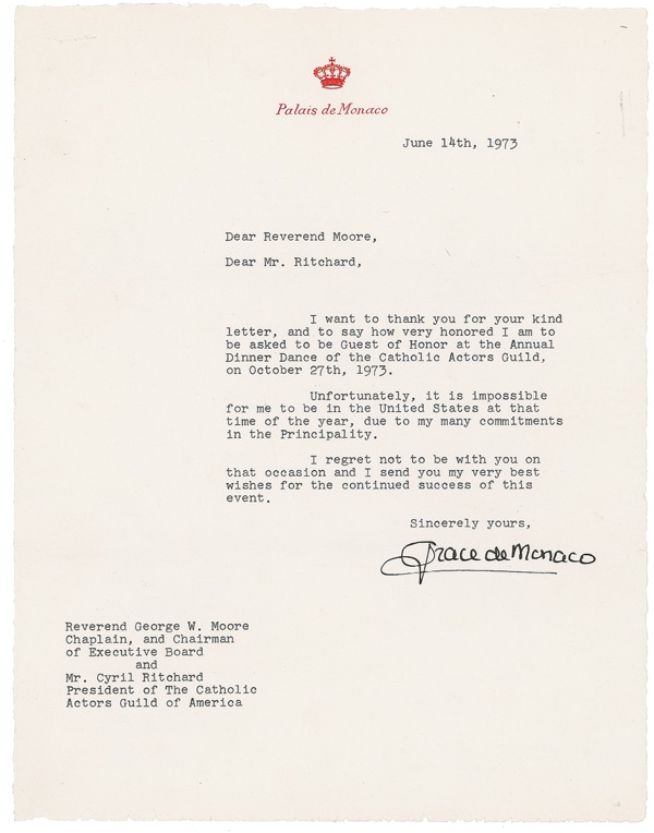 Lot 1111 Grace Kelly: “My many commitments in the Principality”