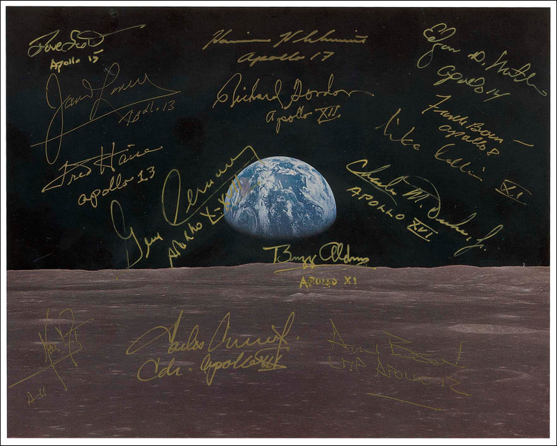 Lot 573 Moonwalkers: SMALL STEPS FOR MAN: Captivating earthrise photo signed by fourteen astronauts, including nine moonwalkers and the entire APOLLO 11 crew