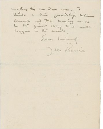 Lot #590 J. M. Barrie: ?THE FINEST THING THAT WOULD HAPPEN IN THE WORLD?: BARRIE writes to a future Nobel laureate on Anglo-American relations - Image 1