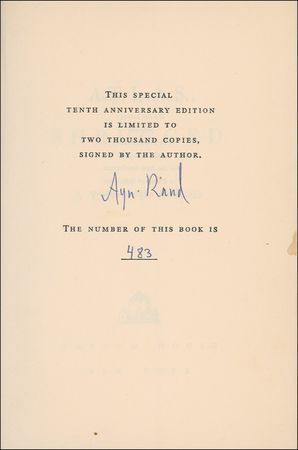 Lot #639 Ayn Rand: THE WORLD ON HER SHOULDERS: Rand signs a limited edition of Atlas Shrugged - Image 1