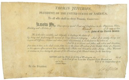 Lot #130 Thomas Jefferson: “ACCORDING TO THE RULES AND DISCIPLINE OF THE NAVY”: JEFFERSON signs an 1804 naval appointment - Image 1