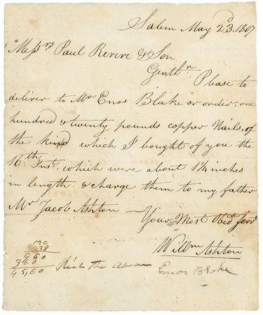 Lot #411 Paul Revere: MAN OF METAL: REVERE dockets a letter ordering nails from his prosperous Boston foundry - Image 3